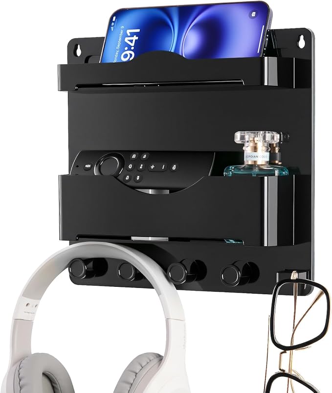 Bedside Wall Shelf with Glasses Hooks ，Adhesive Bedside Organizer Wall Mount for Dorm and Room Accessories Phone，Remote，Earphone， Kindle (Black)