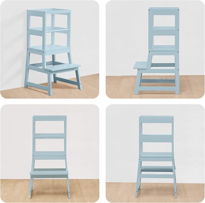 Kitchen Step Stool for Toddlers with Non-Slip Mat, WOOD CITY Wooden Kids Montessori Learning Stool Tower, Toddler Standing Tower Helper for Kitchen Counter and Bathroom Sink(Grey-Blue)