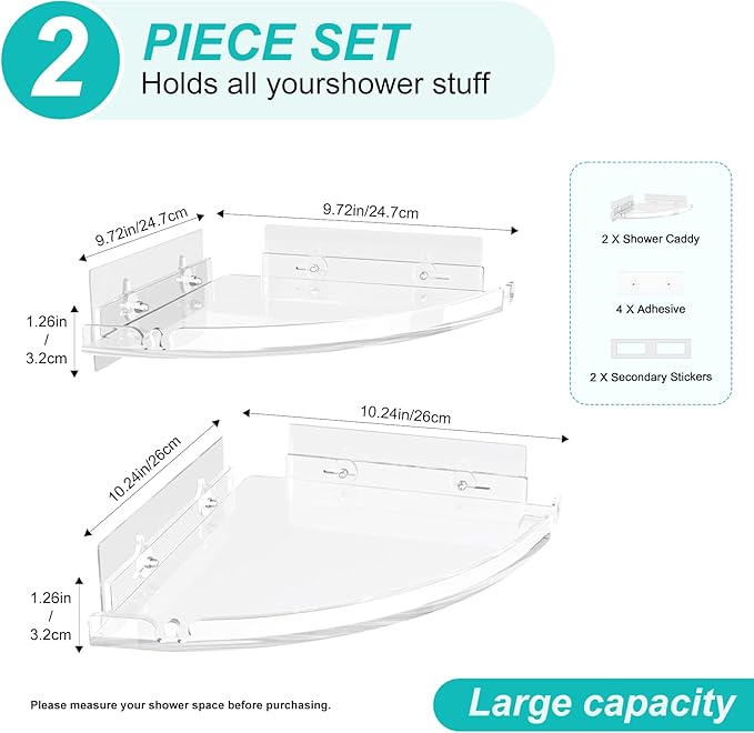 Acrylic Corner Shower Shelves, Adhesive Shower Caddy Organizer for Bathroom Storage Home Decor, Clear Rustproof No Drilling Wall Shelf, 2-Pack