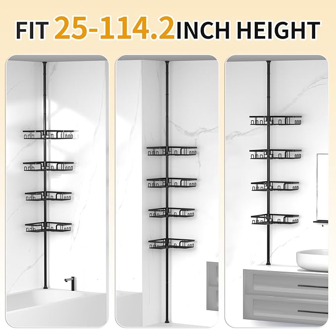 KEGII Adjustable Shower Caddy Corner Tension Pole, Rustproof Shower Rod Organizer with Hooks, Floor to Ceiling Tension Rod 25-114.2 Inch, Bathtub Storage Organizer for Shampoo, 4-Tier Black
