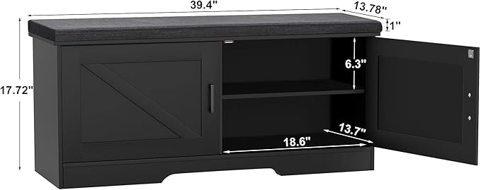 HOMSHO 2-Tier Storage Bench, 39.4" Wide Shoe Bench with Padded Seat Cushion, Entryway Bench with 2 Barn Doors and Adjustable Shelf, Black