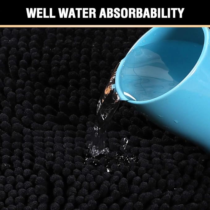H.VERSAILTEX 20x32 Bath Mat Non-Slip Bathroom Rug Shag Shower Mat Machine-Washable Bath Mats with Water Absorbent Soft Microfibers Chenille Plush Rugs - Black