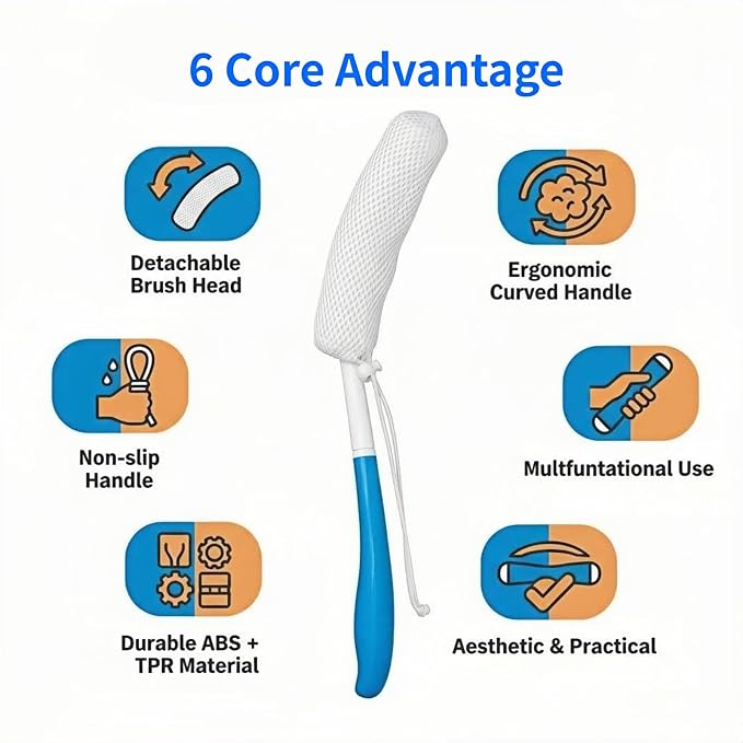 Long Handle Bath Brush for Elderly, Shower Scrubber for Back Exfoliation, Non-Slip Grip for Seniors & Pregnant Women, 15.35 Inch Body Scrubber for Effortless Independence, Blue
