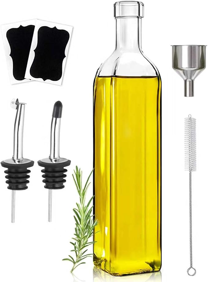 Leaflai Olive Oil Dispenser Bottle, 1 Pcs Glass Olive Oil Dispenser and Vinegar Dispenser Set with 2 Stainless Steel Pourers, 2 Labels,1 Brush and 1 Funnel Oil Bottles for Kitchen (500ml)