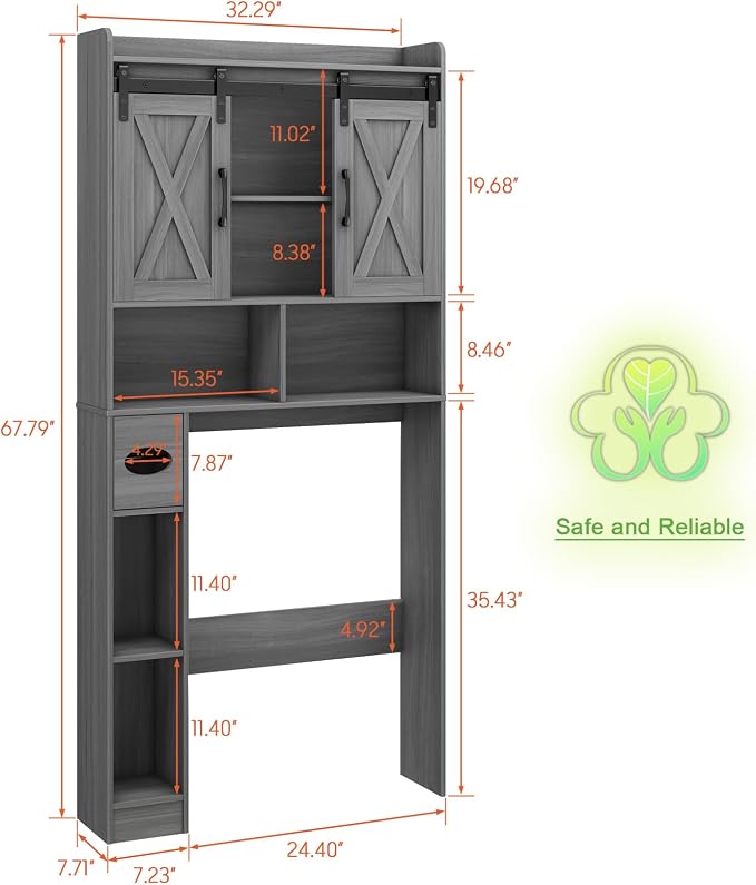 Farmhouse Over The Toilet Storage Cabinet with Sliding Door & Toilet Paper Holder Stand, Space-Saving for Bathroom & Restroom, Wash Grey