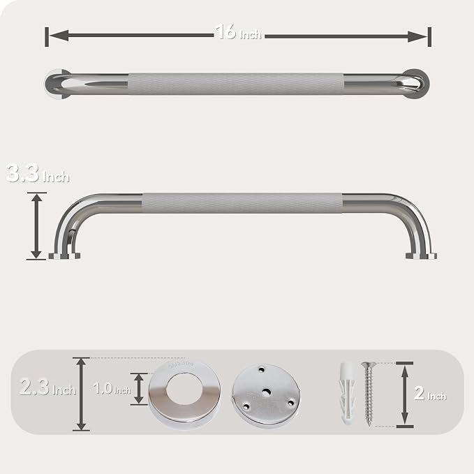 Shower Grab Bar, 16 Inch Bathroom Grab Bar Handle with Anti-Slip Knurled Grip, Stainless Steel Bath Balance Bar, Bath Safety Bar Support for Seniors Pregnant, Polished Chrome-1PCS
