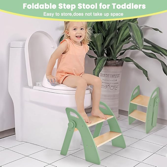 Wooden 2 Step Stool for Toddlers, Foldable 2-Step with Non-Slip Pads and Handles, Bamboo Step Stool for Kids Bathroom Sink and Potty Training, Kitchen Helper, Nursery Bedroom (Green)