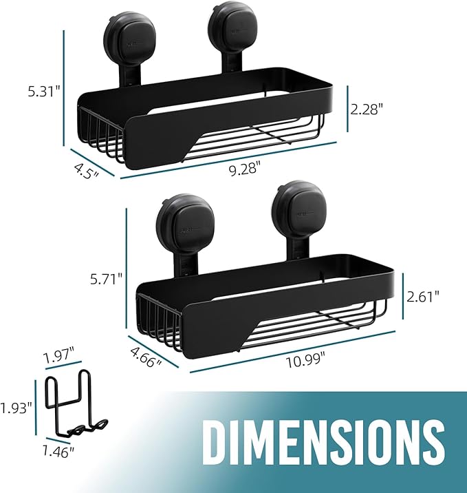 TAILI Shower Caddy Suction Cup 2 Pack With Visible Safety Indicator, Stainless Steel Rustproof Shower Shelves, No Drilling Wall Mounted Basket, Upgraded Removable Suction Cup Bathroom,Black Organizers
