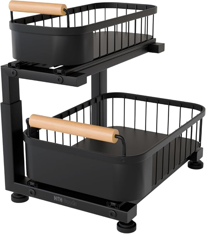 Premium Heavy Duty Carbon Steel Under Sink Organizer, Large 2 Tier Pull Out Cabinet Organizer, 7 Adjustable Heights with Smooth Ball Bearing Sliding Baskets for Bathroom & Kitchen