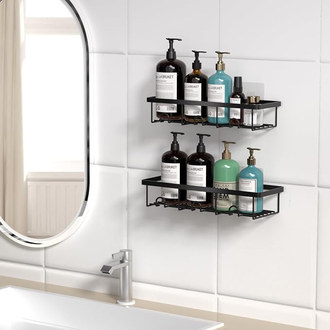 Shower Shelves for Inside Shower, 2 Pack Adhesive Bathroom Caddy Organizer Basket Rack for Storage and Organization, Wall Suction Bath Bathtub Shampoo Holder Set for RV Camper, Black