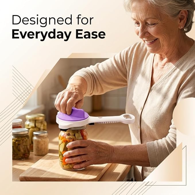4-in-1 Jar Opener for Seniors with Arthritis, Easy Grip Bottle Opener for Weak Hands, Effortless Twist Off Lid Remover, Non-Slip Kitchen Gadget