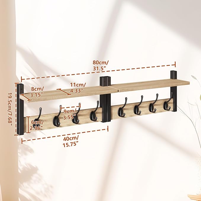 YMYNY 31.5" Coat Rack Wall Mount with Shelf, 2 in 1 Key and Coat Hanger with 8 Metal Hooks, Wall Shelf with Hooks & Mail Holder for Living Room, Bedroom, Light Natural, HWS001R-2