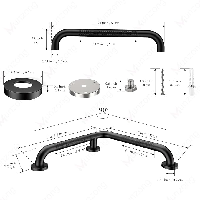 16 Inch L-Shaped Black Bathroom Grab Bars with 20 Inch Straight Munzong Toilet Handicap Grab Rail,Anti Slip Stainless Steel Knurled Safety Handle Support Elderly Injury Senior