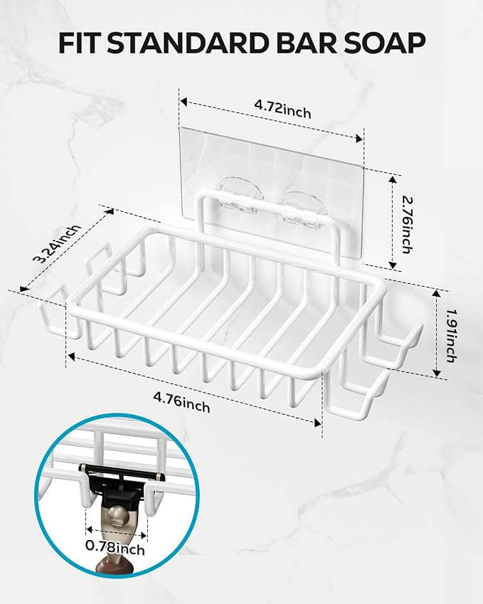 Nieifi Bar Soap Holder for Shower Wall with 4 Hooks, Stainless Steel Adhesive Soap Dish for Bathroom, White