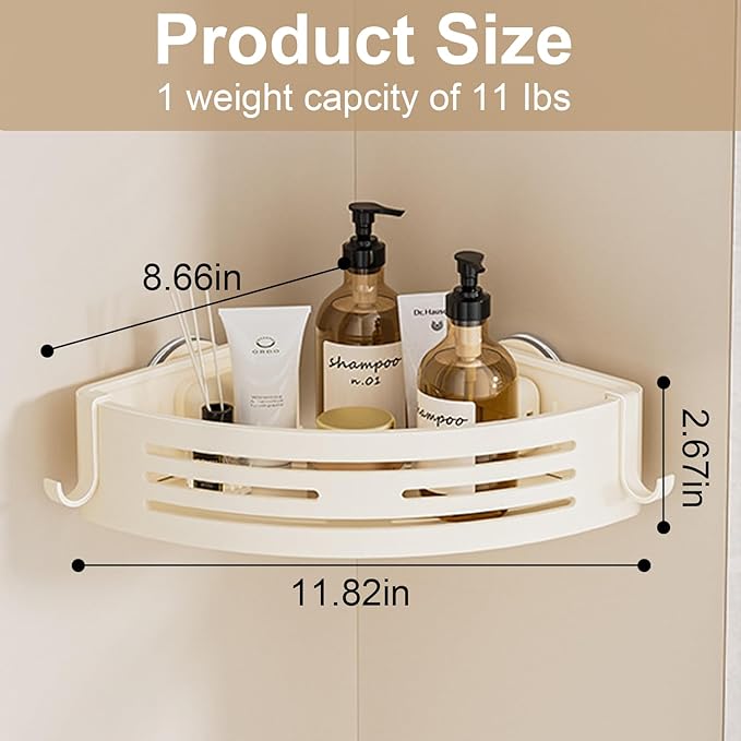 Corner Shower Caddy Suction Cup,Shower Shelves with Hooks,No Drilling Powerful Suction Bathroom Organizers and Storage,Removable Waterproof Rustproof Metal Shower Bathroom Decor (2 Pack-White)