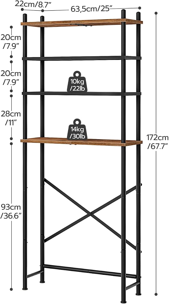 HOOBRO Over the Toilet Storage, 4-Tier Over Toilet Bathroom Organizer, Freestanding Above Toilet Shelf with Adjustable Feet, Space Saving, Easy to Assemble, Rustic Brown and Black BF64TS01