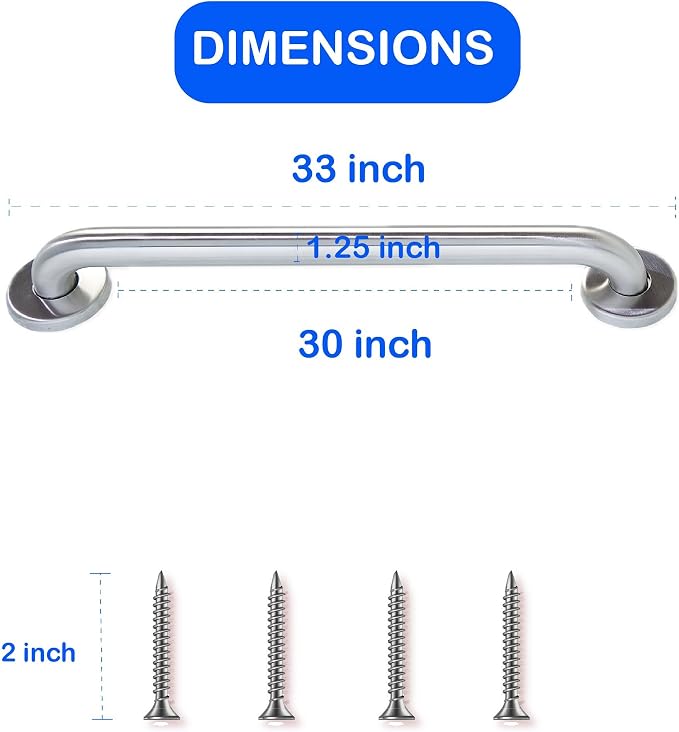 30” Shower Handle Peened Grip | 304 Stainless Steel Bathroom Grab Bars for Seniors, Handicap Grab Bars | ADA Shower Bars Safety for Elderly Holds Upto 400lbs, Grab Bars for Bathtubs and Showers