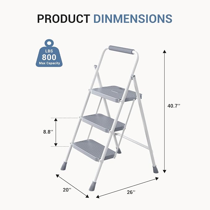 DUMOS Step Ladder, 3 Sturdy Step Stool with Anti-Slip Pedal & Comfortable Handrail, Portable Heavy Duty Step Stool for Kitchen, Garage & Outdoor Use, 800lbs, Grey