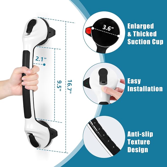 MCDEX Grab Bars for Shower, 2 Pack Shower Handle for Elderly (Black White) | Safety Signal Indicators, Strong Suction Cup, Easy Installation, No Drill, Removable, Anti-Slip, Waterproof