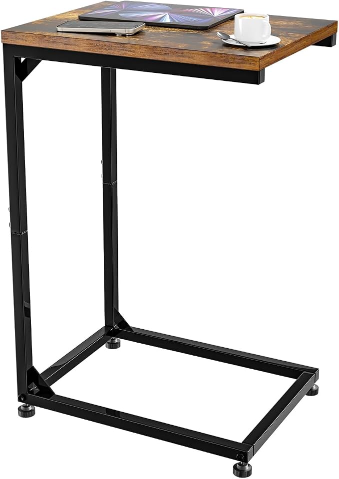 Simple Trending C Shaped End Table, TV Tray for Couch, Small Side Table with Metal Frame, for Living Room Bedroom, Rustic Brown