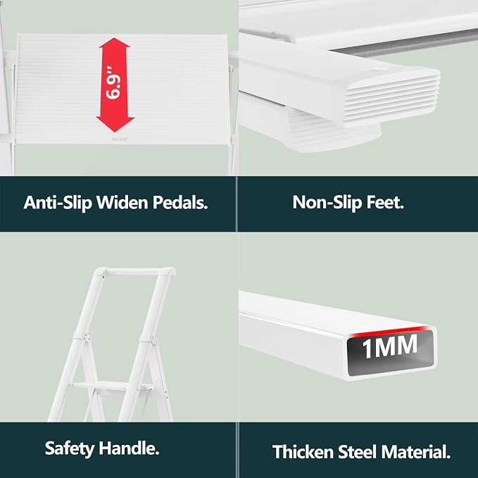WOA WOA 5 Step Ladder, Ladders for Home, Anti-Slip Pedals, Step Stool Foldable, Lightweight to Move, Ease of Storage, Reach 10ft for Closet Kitchen Library, Hold 300lbs - White