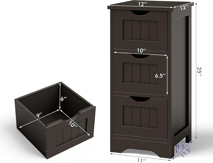 Floor Cabinet, Small Bathroom Storage Cabinet with 3 Removable Drawers & Anti-Toppling Device, Wooden Storage Cabinet for Bathroom Home Office Living Room Bedroom(Brown)