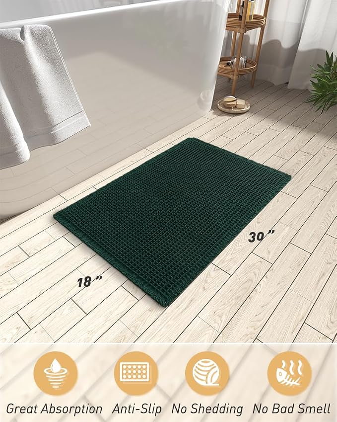 AMOAMI Upgraded Waffle Bath Mat, Super Absorbent Non Slip Bath Mats for Bathroom Floor, Machine Washable Bathroom Rugs with Tassels, Rubber Backed Bathroom Mats, Ultra Soft, 18" x 30", Dark Green