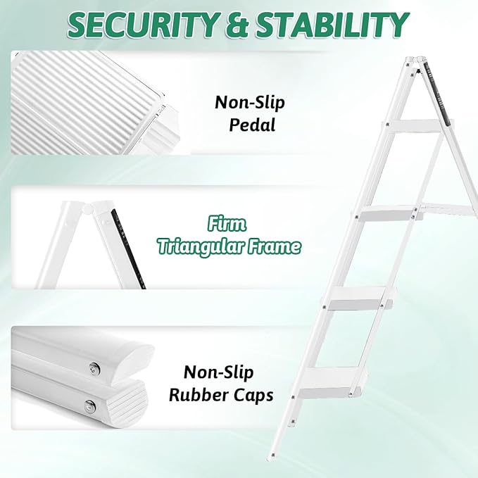 4-Step Folding Ladder, Heavy Duty Ladders for Home & Kitchen, Folding Ladder Easy to Store, Tall Ladder for Adults, Anti-Slip & Space-Saving Step Ladder, 330 Lbs Capacity, White
