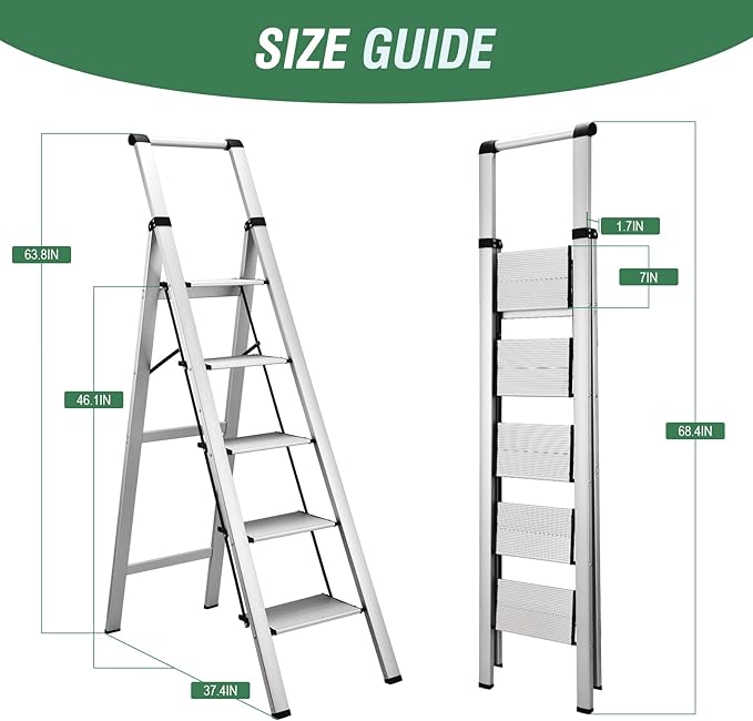 HBTower 5 Step Ladder, Aluminum Ladder with Handrails, Folding Step Stool for Adults, 330LBS Capacity Sturdy& Portable Ladder for Home Kitchen Library Office, Sliver
