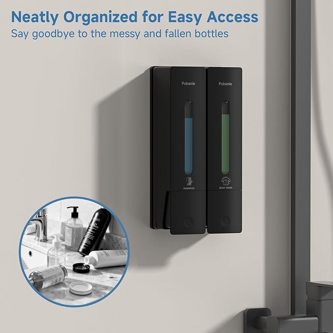 Shampoo Dispenser for Shower - Shower Soap Dispenser Wall Mounted No Drill - Shampoo Body Wash Dispenser 2 Chamber - Easy Install for Bathroom Hotel Black 800ml