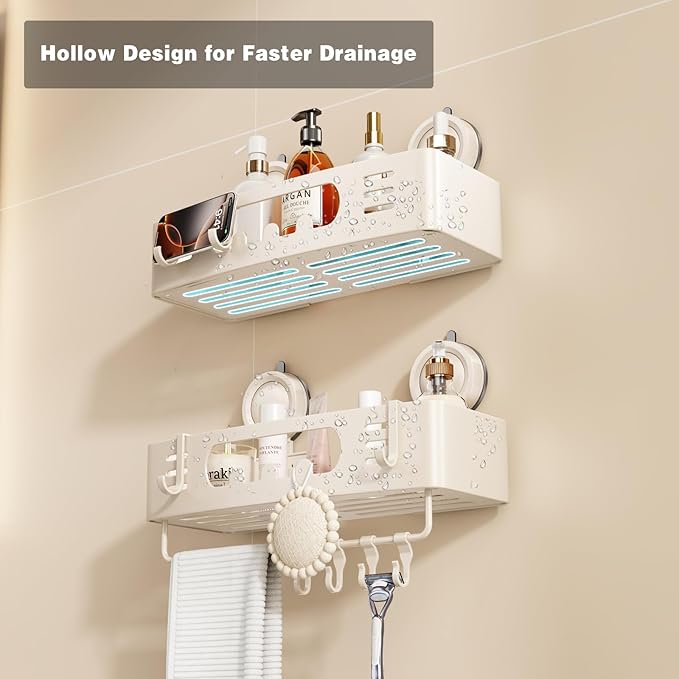 Voldra Shower Caddy Suction Cup, Shower Shelves for Inside Shower No Drilling, Aluminum Suction Showers Organizer for Wall with Towel Bar & Hooks Removable Bathroom Storage Rack (2 Pack-Cream White)