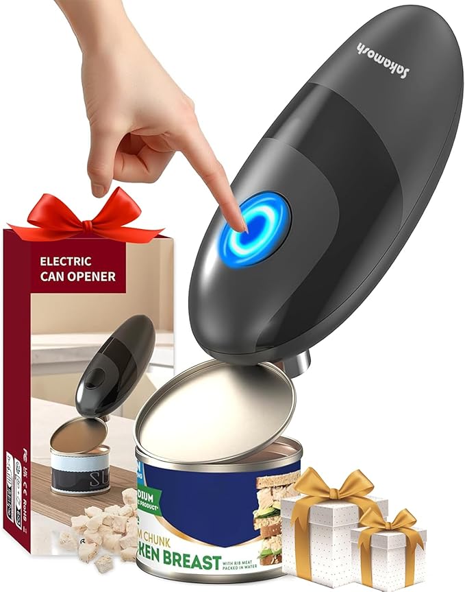SAKAMOSH Electric Can Opener Smooth Edge, Battery Operated Kitchen Can Opener for Seniors with Arthritis, One Touch Side Cut Fits Most Can Sizes, Left-handed Friendly, Ideal Holiday Gift