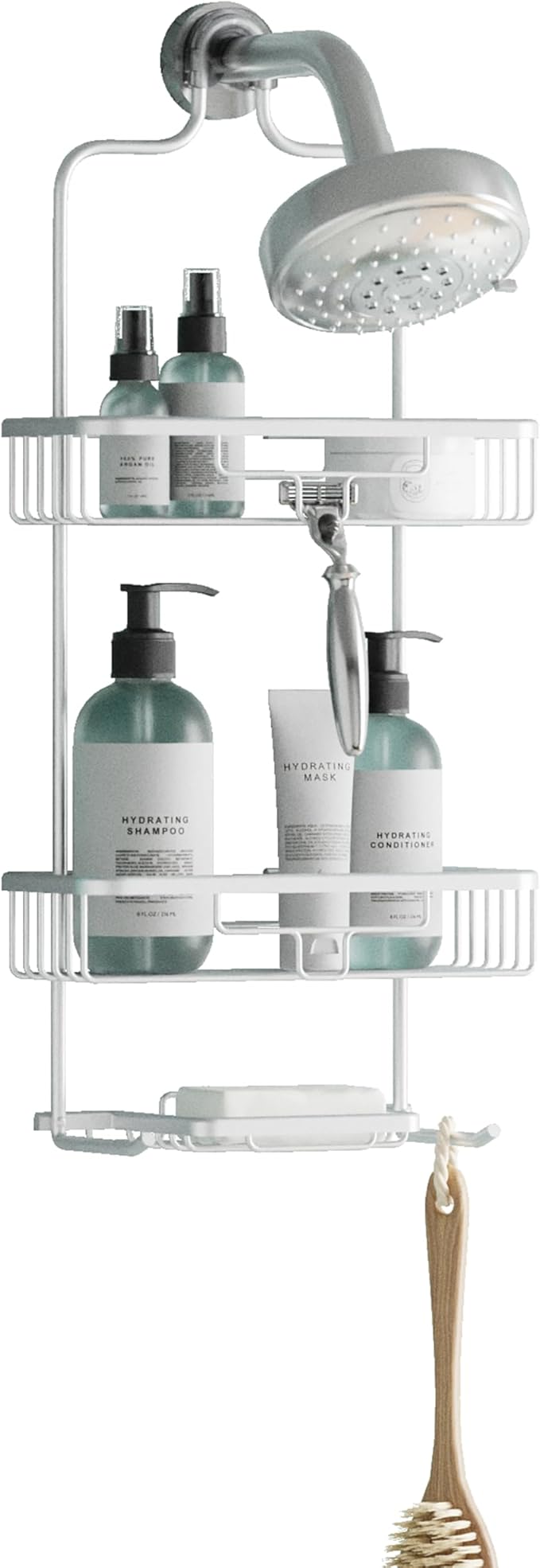 Zenna Home Rustproof Hanging Shower Caddy, Over the Shower Head Caddy with 2 Shelves and Built In Hooks, Aluminum Bathroom Hanging Organizer, Satin Chrome