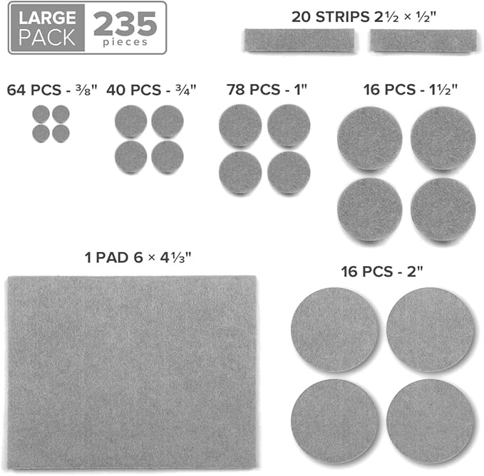 235 pcs Gray Felt Furniture Pads X-Protector! Huge Quantity of Furniture Pads for Hardwood Floors with Many Big Sizes – Your Ideal Wood Floor Protectors for Furniture. Protect Any Type of Hard Floor!