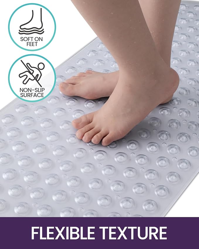 DEXI Bathtub Mat Non Slip 16x35, Shower Floor Mats for Bathroom Bath Tub, Washable Oval Bathmat with Suction Cups and Drain Holes, Clear