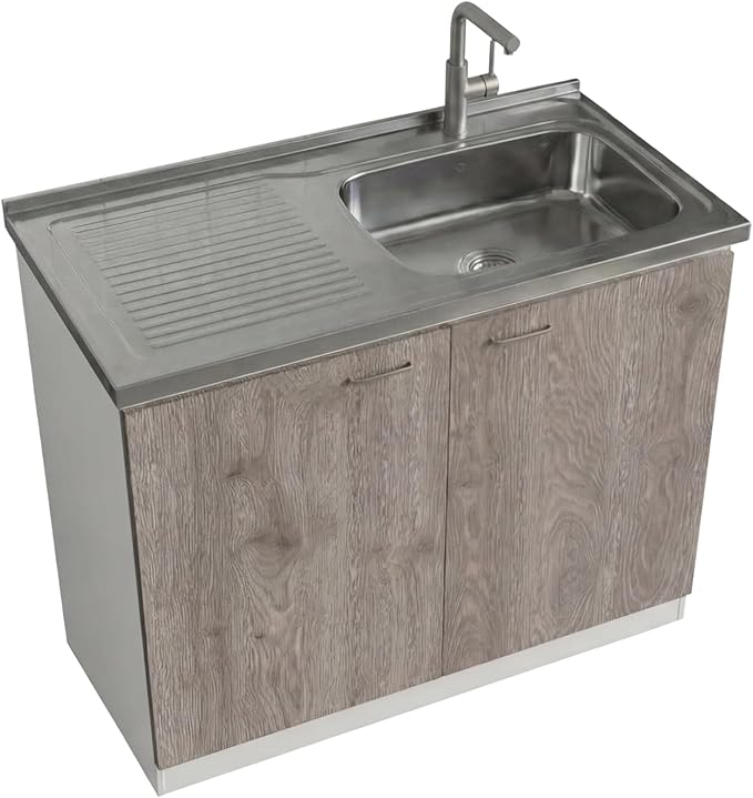 Tuhome Napoles Utility Sink Base Cabinet with Integrated Stainless Steel Countertop, Freestanding Cabinet with Double Doors, Interior Shelf for Laundry Room, Utility Room, Mudroom or Kitchen