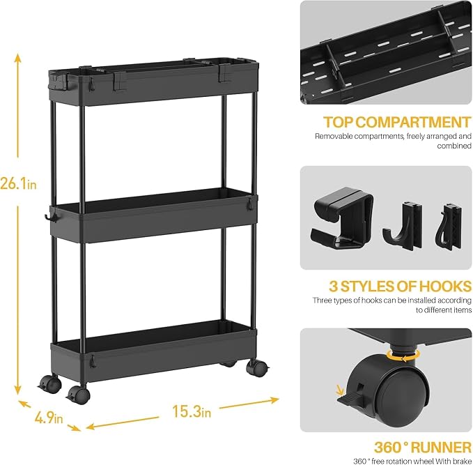 SPACELEAD 2-piece Set Slim Storage Cart 3 Tier,Bathroom Organizer Rolling Utility,Mobile Shelving Unit Slide Out for Office, Kitchen, Laundry Room & Narrow Places