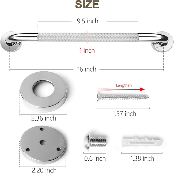 2 Pack Grab Bars for Elderly for Wall 16 Inch, Fit for Studs, Knurled Anti-Slip Bathroom Shower Grab Bars for Seniors, Safety Handicap Grab Bars for Shower, Shower Handles for Elderly, Tesuchan