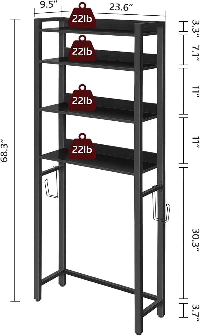 MAHANCRIS Over The Toilet Storage Rack, 4 Tier Bathroom Organizer Over Toilet, Freestanding Space Saver Toilet Stand with 2 Hooks, Bathroom Storage Shelf, Easy to Assemble, Black TSHB0401