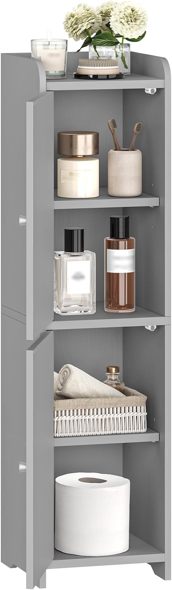 Hzuaneri Bathroom Storage Cabinet, Small Corner Floor Cabinet with 2 Doors and Adjustable Shelf, Narrow Toilet Paper Cabinets, Bathroom Organizer for Small Spaces, 7.9" D x 7.9" W x 29.5" H Gray