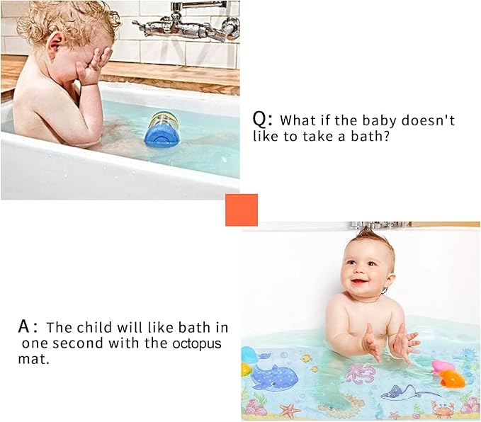 Secopad Bath Mat for Tub Non Slip, Machine Washable Anti-Slip Cartoon Baby Bathtub Shower Mat with Drain Holes and Suction Cups for Toddler & Kids, 40 Inch x 16 Inch-Rectangular, Pink Octopus