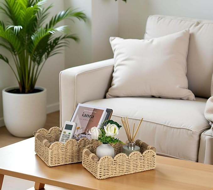 CubesLand Toilet Paper Storage Organizer Basket, Scalloped Decorative Baskets for Over Toilet Shelves, Wicker Small Basket Perfect for Home Countertop Storage & Decor, Living Room Shelf Decor, Beige