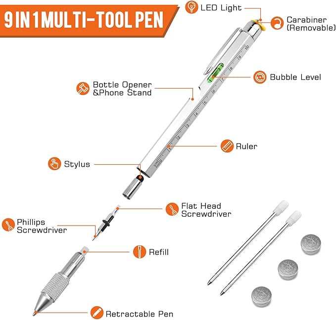 9 in 1 Multi-Tool Pen for Men, Tools with Ballpoint Pen, Screwdrivers, LED Light, Ruler, Stylus, Bubble Level and Bottle Opener, Practical Fathers Day Birthday Gifts for Men Dad Handyman DIY Lovers