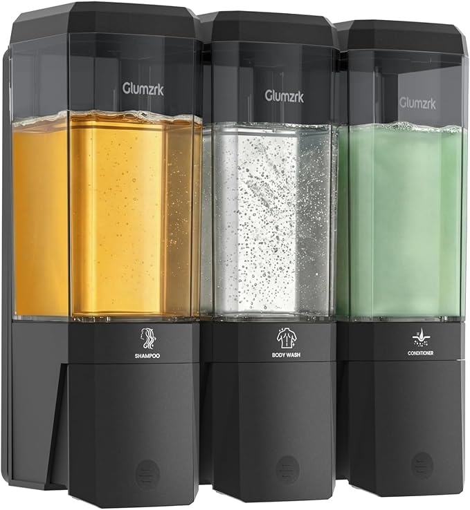 Shampoo and Conditioner Dispenser 3 Chamber 17oz No Drill Shower Soap Dispenser Wall Mounted Shampoo Conditioner Body Wash Refillable Bathroom Shower Dispenser (Black+Smoke Gray 3 Chamber)
