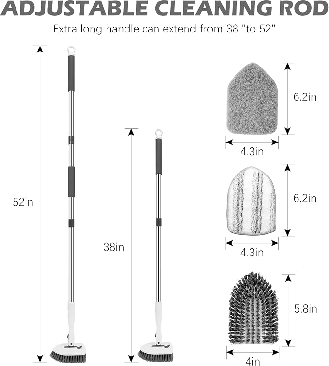 SetSail Floor Scrub Brush, 3-in-1 Tile Tub Floor Scrubber with 52-inch Adjustable Long Handle Shower Cleaner Brush and 3 Detachable Replacement Brush Heads for Cleaning Bathroom Tub Tile, White Grey