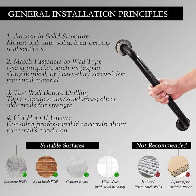 16" Shower Grab Bar, Oil Rubbed Bronze Finish, Stainless Steel Bathroom Safety Bar with Non-Slip Knurled Handle, Heavy Duty Handrail for Elderly or Disabled (1" Diameter)