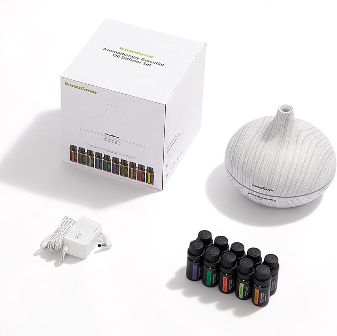 InnoGear Aromatherapy Diffuser & 10 Essential Oils Set, 400ml Diffuser Ultrasonic Diffusers for Home Cool Mist Humidifier with 4 Timers 7 Colors Light Waterless Auto Off, White Grey