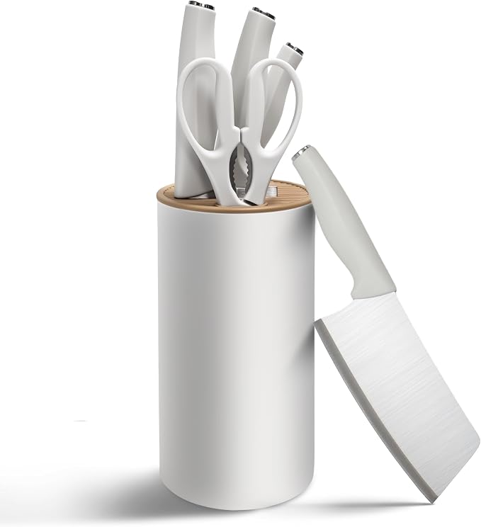 Small Knife Block Set, Modern Kitchen Knife Scissors with Universal Round Holder, Home Apartment New Kitchen Essentials, Space Saving, Keep Blade Dry(Beige White, 5PCS)