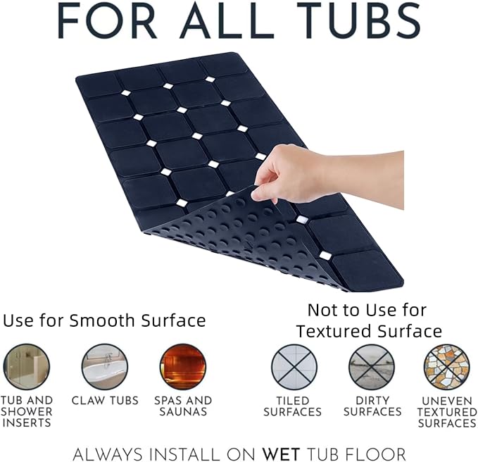 Silicone Bathtub Mat 15" x 28" – Non-Slip Foldable Tub Mat with Strong Suction Cups & Large Drain Holes, Durable & Eco-Friendly, for Smooth Surfaces, Ideal for Seniors, Adults, Navy