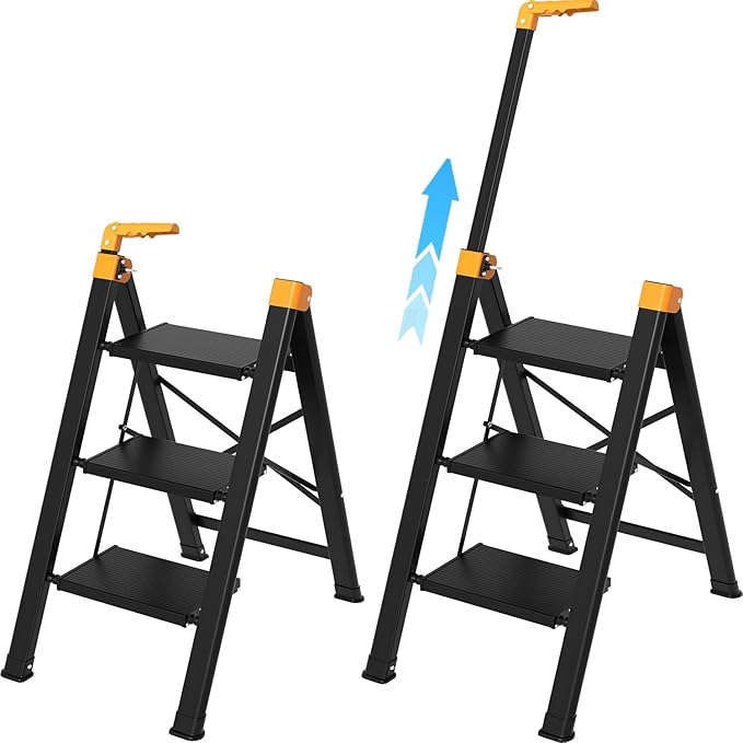 3 Step Ladder with Single-Handrail, Aluminum Step Stool Foldable, Lightweight Sturdy Step Ladder with Anti-Slip Pedals,Convenient Handrail for Home Kitchen Closet, 600lbs Max Load Capacity (Yellow)